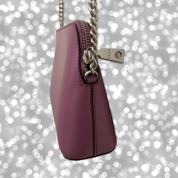 🦋Rare Color DKNY Lilac Genuine Leather Dome Crossbody Bag Silver Tone Chain - Picture 7 of 15